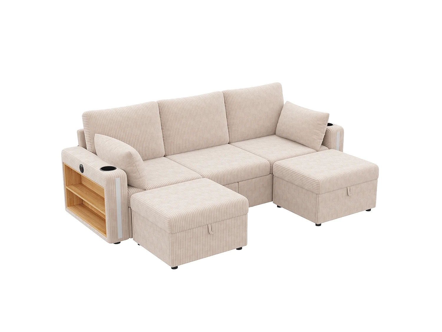 U-formad eller L-formad modulsoffa - med 2 förvaringspuffar - LED-belysning - mugghållare - USB/Type-C-portar och armstöd - lådor - beige