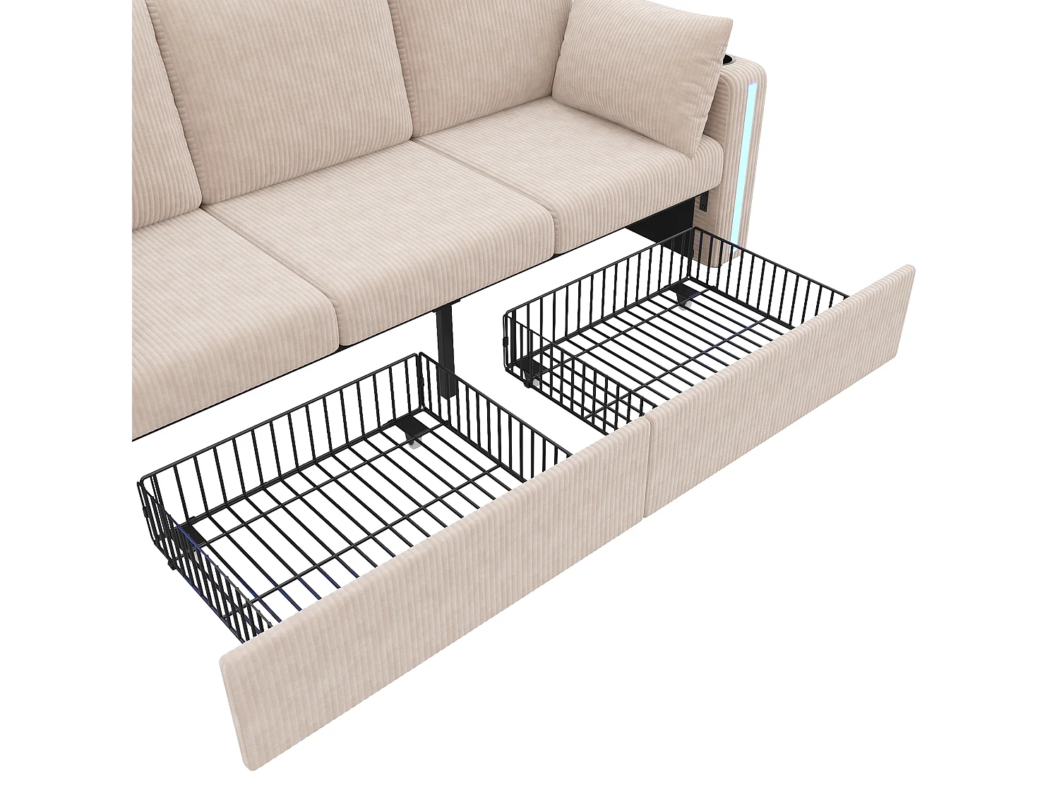 U-formad eller L-formad modulsoffa - med 2 förvaringspuffar - LED-belysning - mugghållare - USB/Type-C-portar och armstöd - lådor - beige