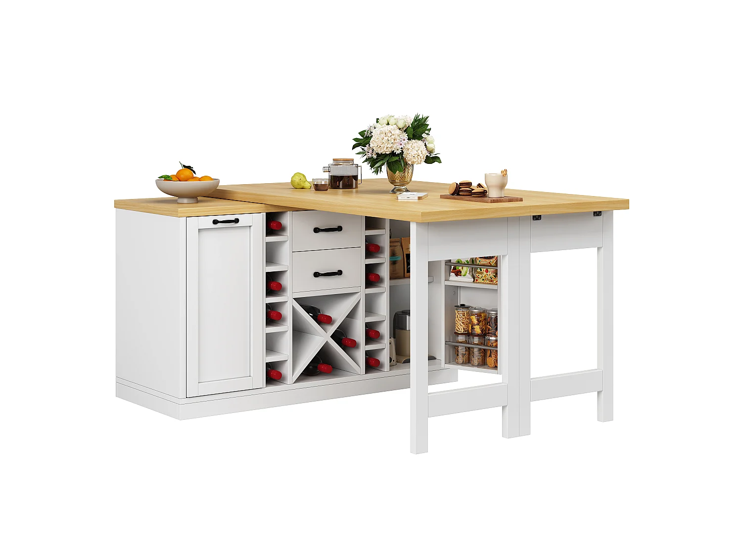 Isla Central Cocina 120-223cm - Mesa de Comedor Giratoria 360°, Almacenamiento de Vino, Soporte para Cubo de Basura, Diseño Moderno - Blanco