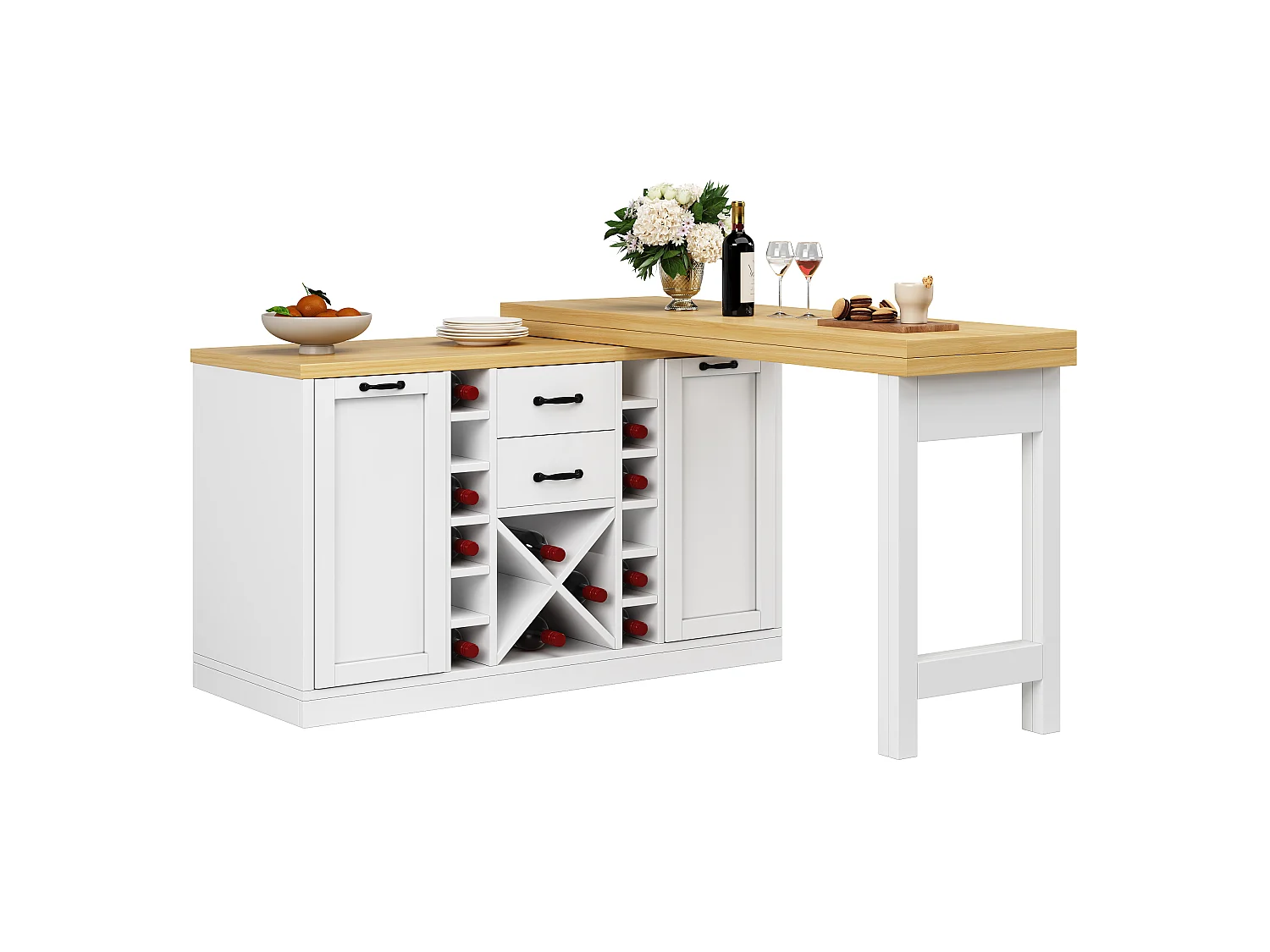 Isla Central Cocina 120-223cm - Mesa de Comedor Giratoria 360°, Almacenamiento de Vino, Soporte para Cubo de Basura, Diseño Moderno - Blanco