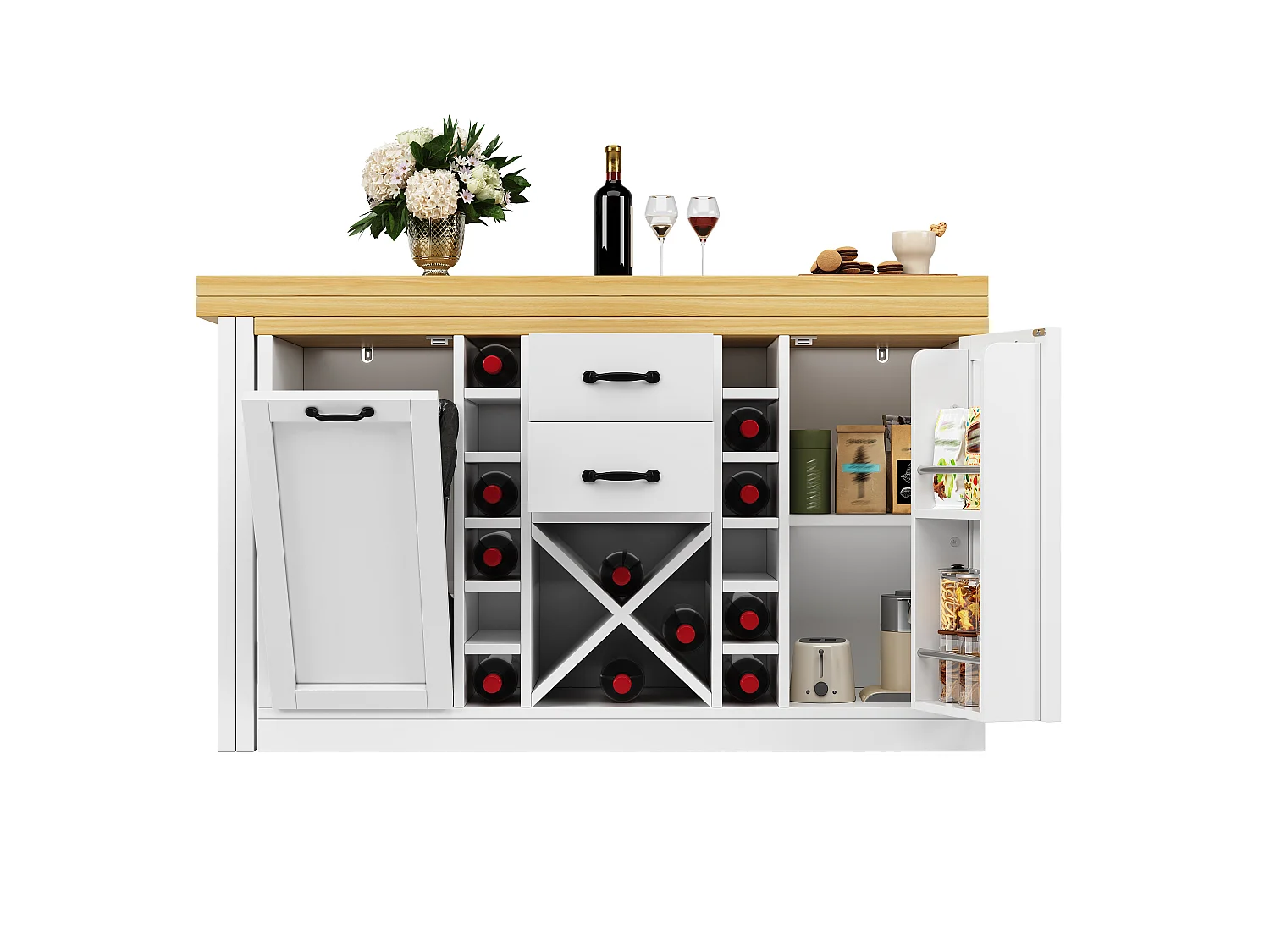 Isla Central Cocina 120-223cm - Mesa de Comedor Giratoria 360°, Almacenamiento de Vino, Soporte para Cubo de Basura, Diseño Moderno - Blanco