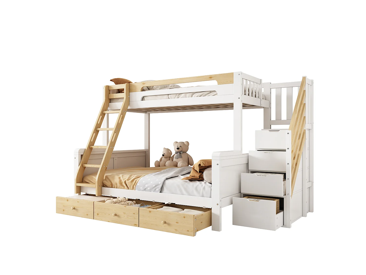 Lit superposé enfant 90x200cm + 140x200cm - avec 3 tiroirs et échelle - escalier de rangement - Bois massif + MDF - Blanc + Naturel (sans matelas)