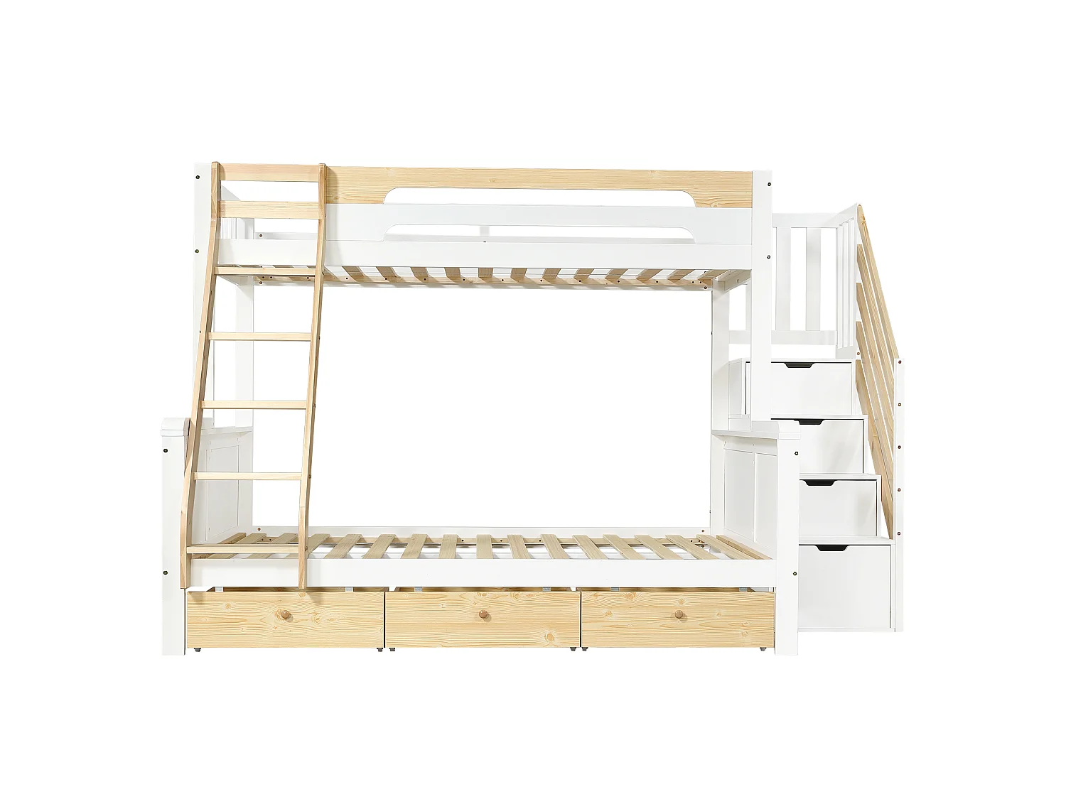 Lit superposé enfant 90x200cm + 140x200cm - avec 3 tiroirs et échelle - escalier de rangement - Bois massif + MDF - Blanc + Naturel (sans matelas)
