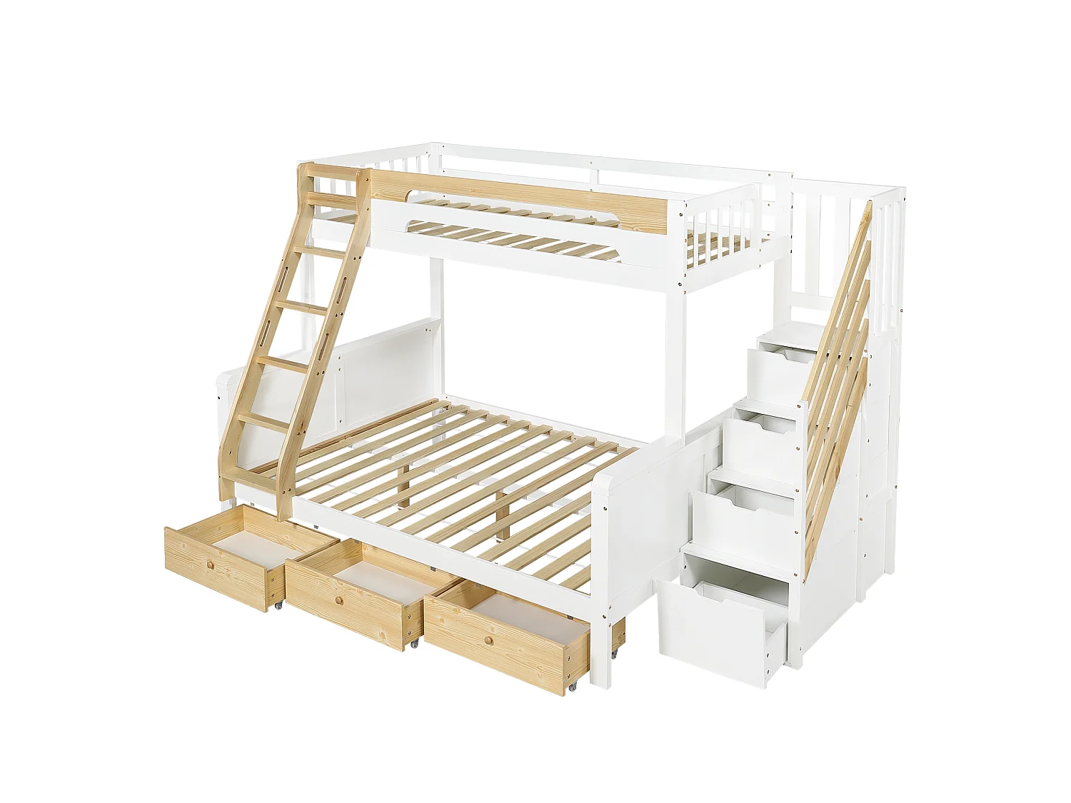 Lit superposé enfant 90x200cm + 140x200cm - avec 3 tiroirs et échelle - escalier de rangement - Bois massif + MDF - Blanc + Naturel (sans matelas)