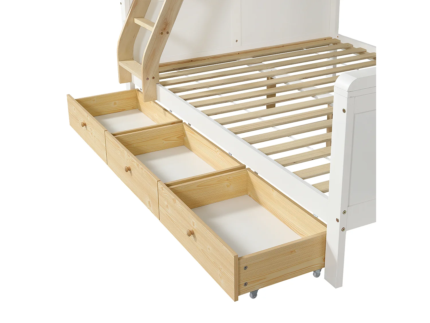 Lit superposé enfant 90x200cm + 140x200cm - avec 3 tiroirs et échelle - escalier de rangement - Bois massif + MDF - Blanc + Naturel (sans matelas)
