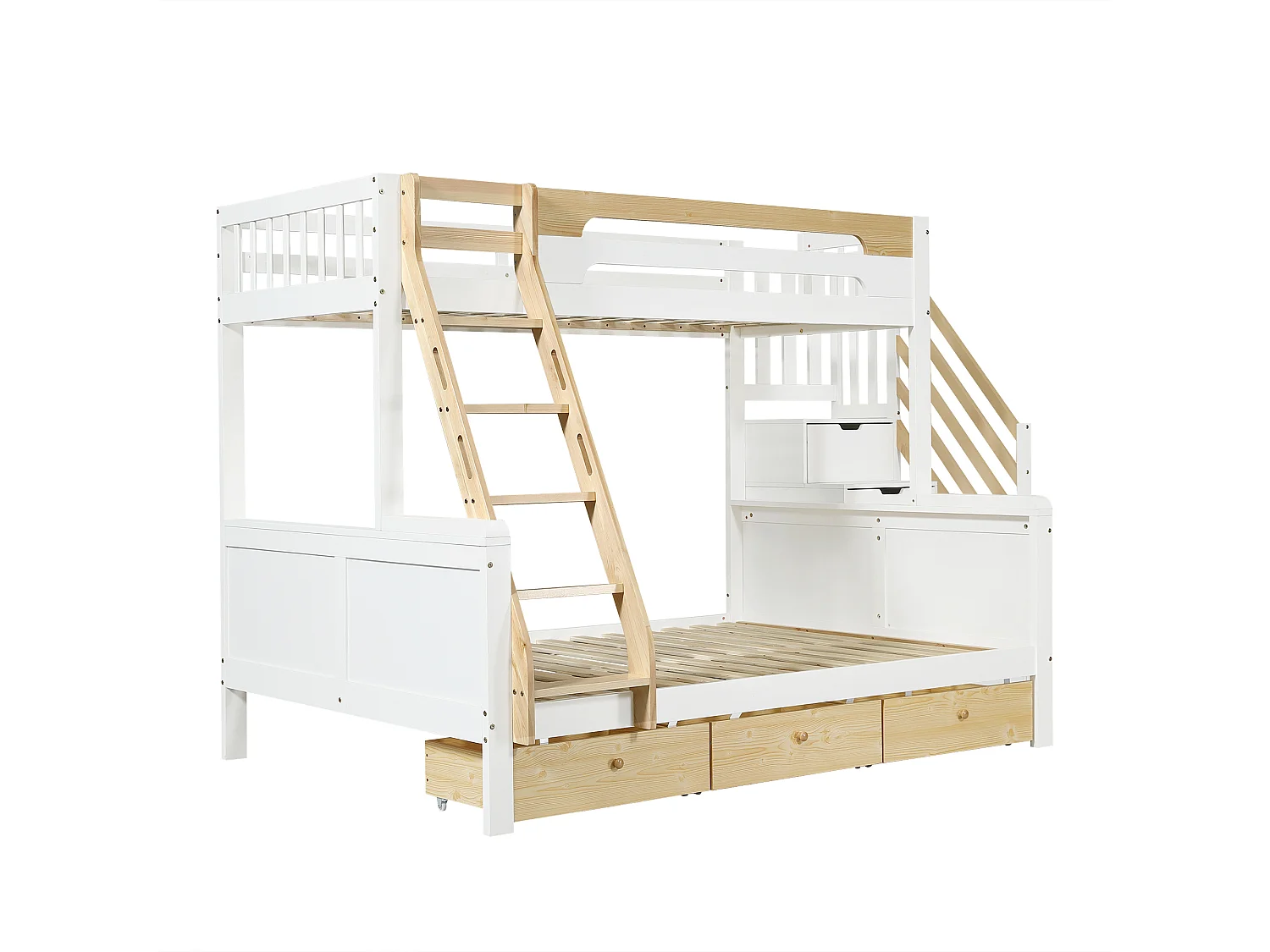 Lit superposé enfant 90x200cm + 140x200cm - avec 3 tiroirs et échelle - escalier de rangement - Bois massif + MDF - Blanc + Naturel (sans matelas)