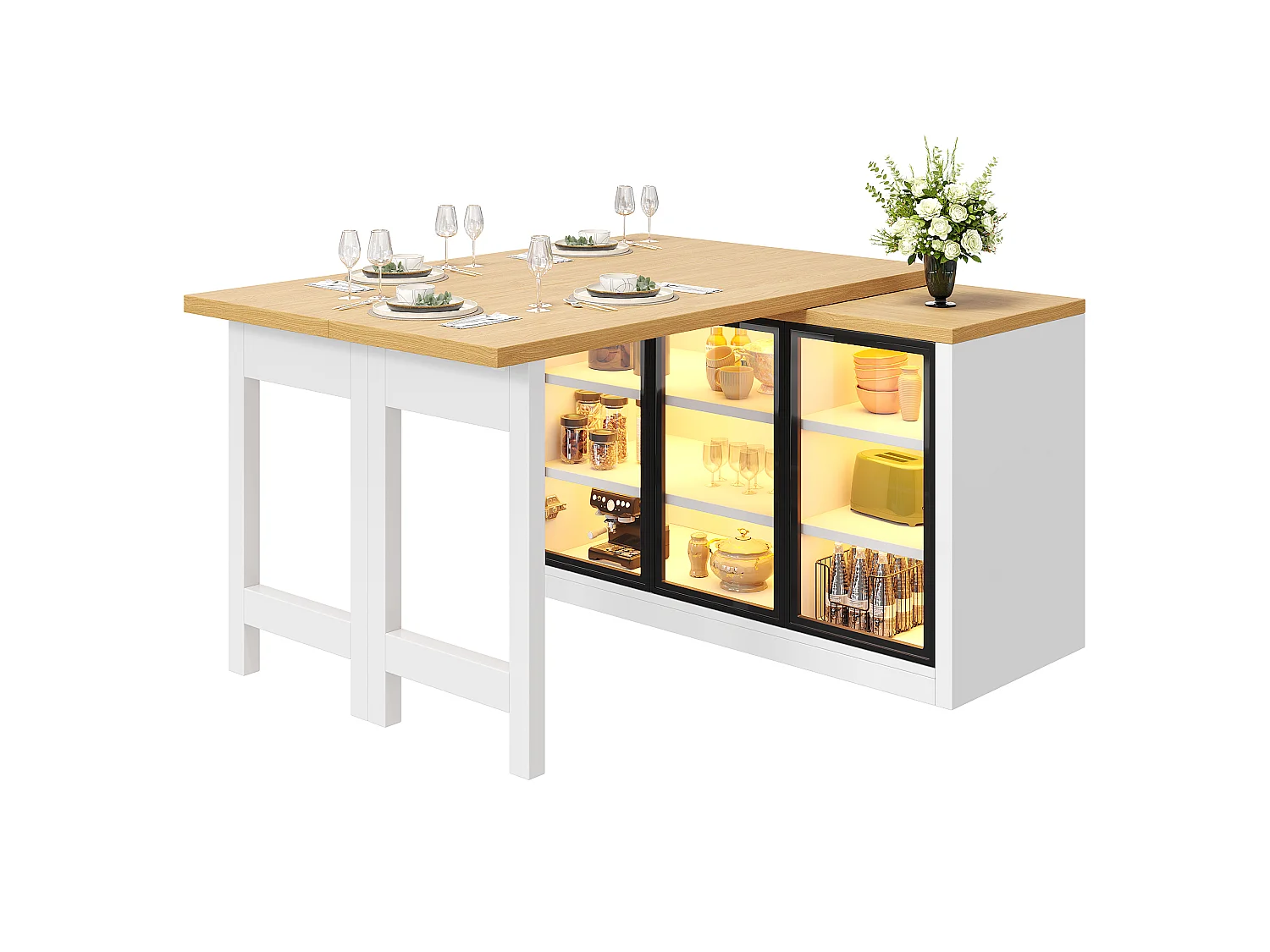 Isla Central Cocina Extensible 120-197cm - Mesa de Comedor Giratoria 360°, Puertas de Vidrio Push-to-Open, Iluminación LED RGB Conectada - Blanco