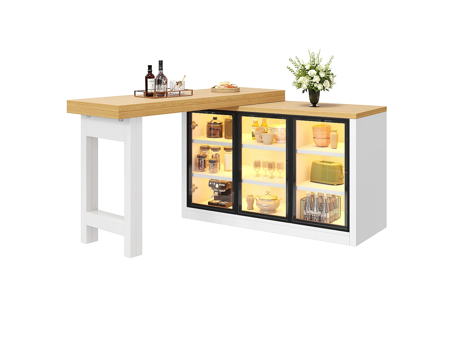 Isla Central Cocina Extensible 120-197cm - Mesa de Comedor Giratoria 360°, Puertas de Vidrio Push-to-Open, Iluminación LED RGB Conectada - Blanco