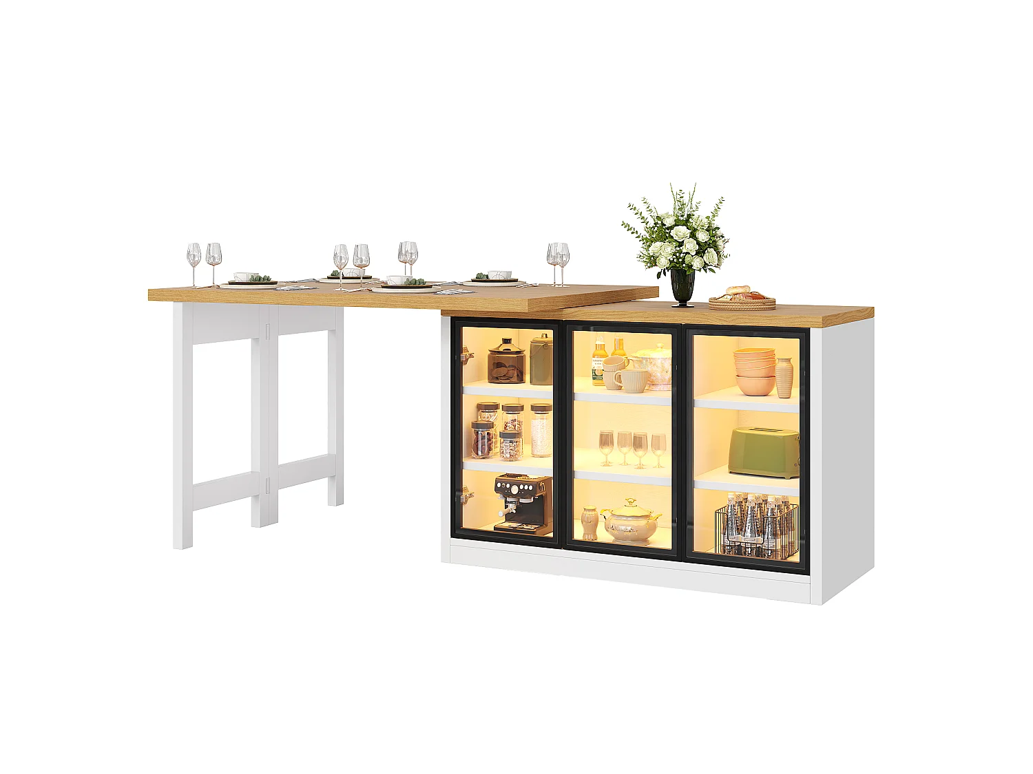 Isla Central Cocina Extensible 120-197cm - Mesa de Comedor Giratoria 360°, Puertas de Vidrio Push-to-Open, Iluminación LED RGB Conectada - Blanco