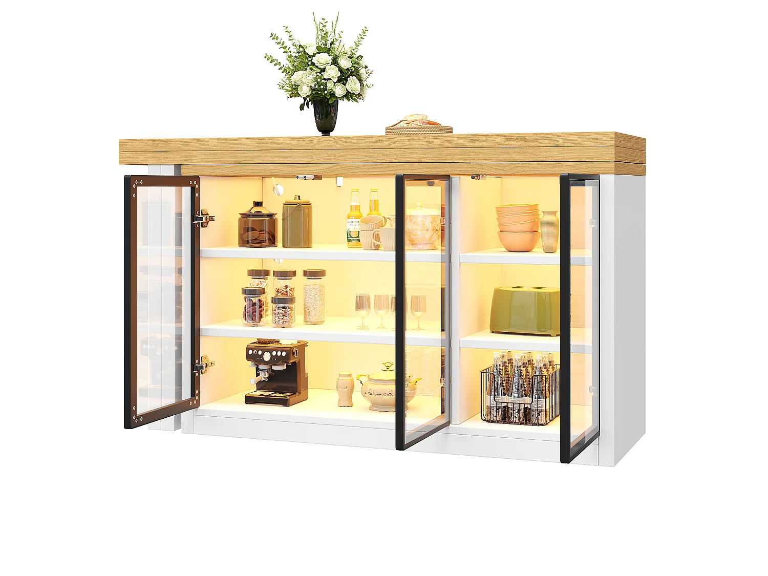 Isla Central Cocina Extensible 120-197cm - Mesa de Comedor Giratoria 360°, Puertas de Vidrio Push-to-Open, Iluminación LED RGB Conectada - Blanco