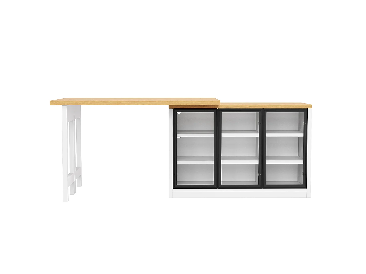 Isla Central Cocina Extensible 120-197cm - Mesa de Comedor Giratoria 360°, Puertas de Vidrio Push-to-Open, Iluminación LED RGB Conectada - Blanco