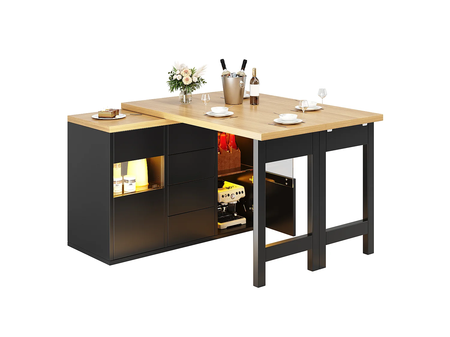 Ilha Central de Cozinha 120-197cm - Mesa de Jantar Giratória 360°, Iluminação LED RGB Conectada, 4 Gavetas, Vitrines, Design Moderno - Preto