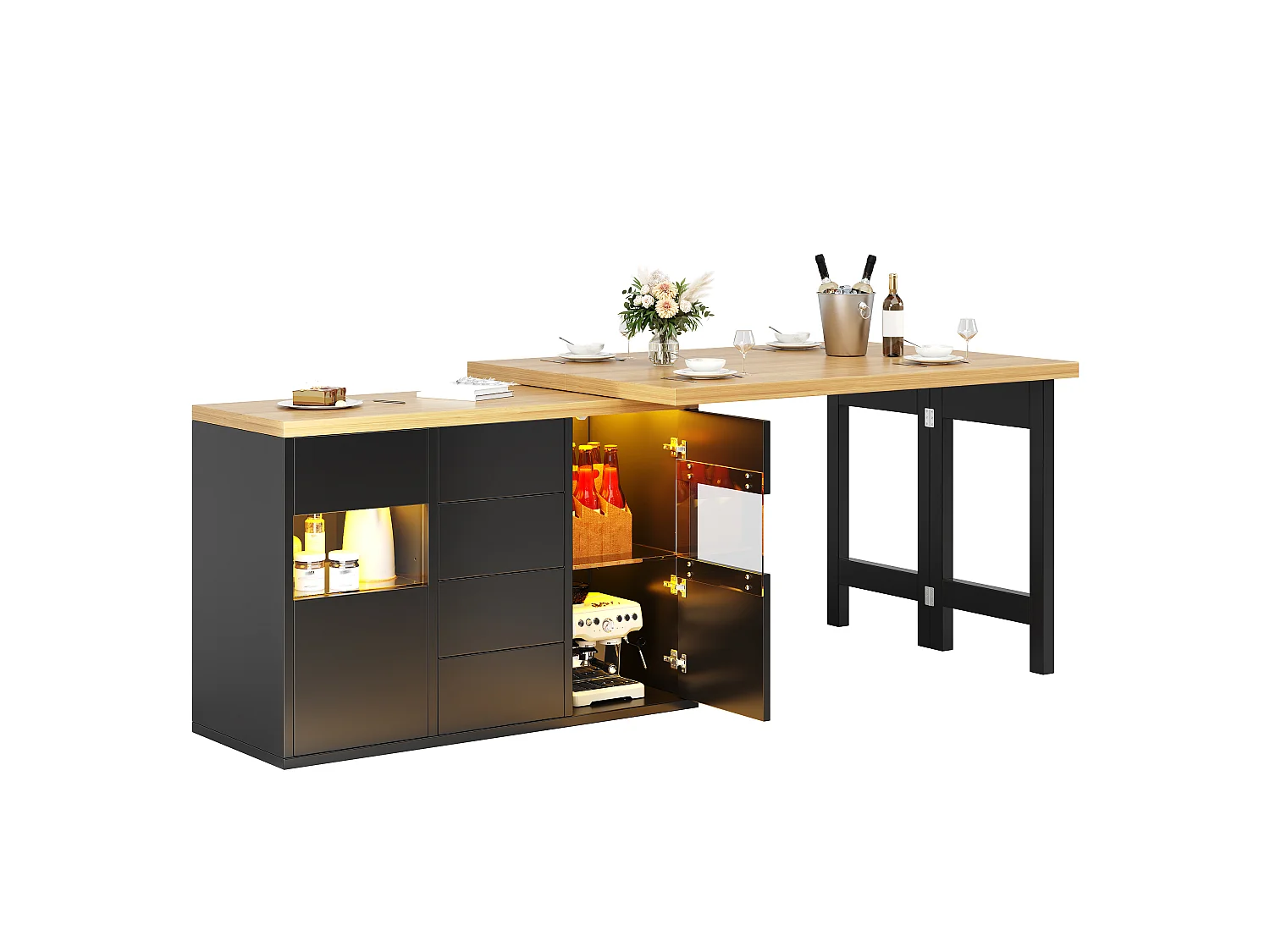 Ilha Central de Cozinha 120-197cm - Mesa de Jantar Giratória 360°, Iluminação LED RGB Conectada, 4 Gavetas, Vitrines, Design Moderno - Preto