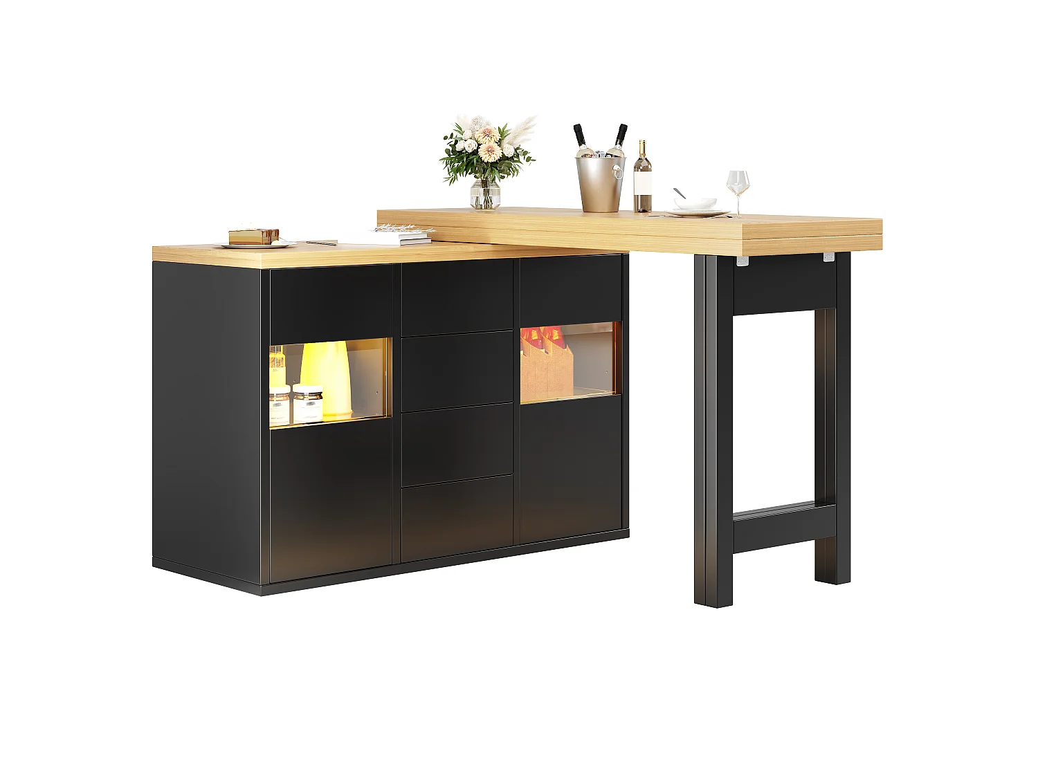 Ilha Central de Cozinha 120-197cm - Mesa de Jantar Giratória 360°, Iluminação LED RGB Conectada, 4 Gavetas, Vitrines, Design Moderno - Preto