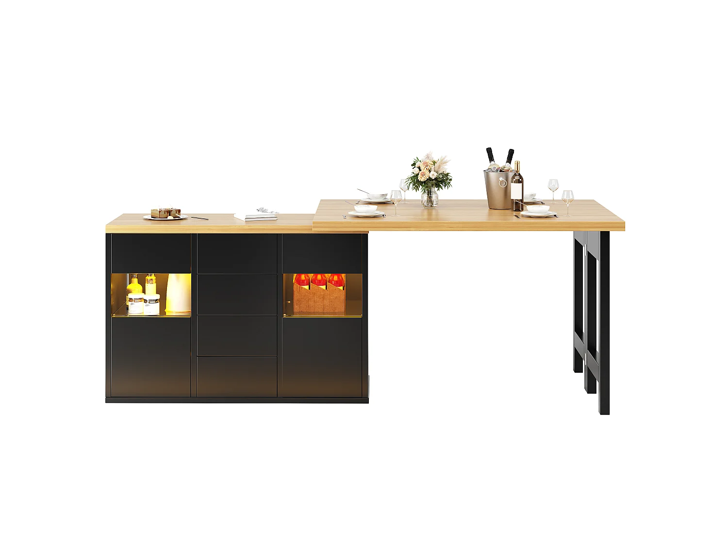 Ilha Central de Cozinha 120-197cm - Mesa de Jantar Giratória 360°, Iluminação LED RGB Conectada, 4 Gavetas, Vitrines, Design Moderno - Preto
