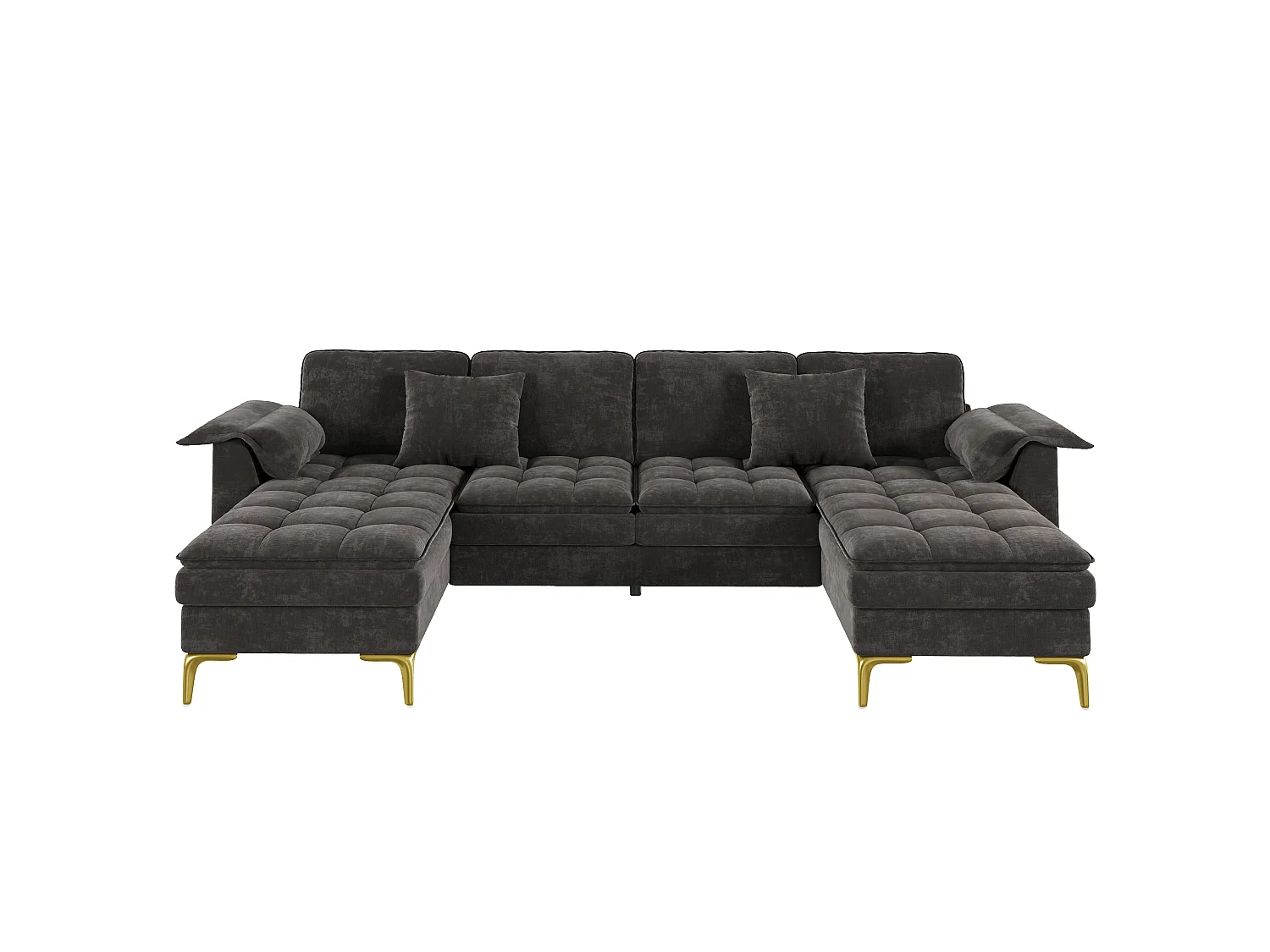U-formad hörnsoffa - 4 platser - med 2 chaise longues - 2 kuddar - ben i guldmetall - grå