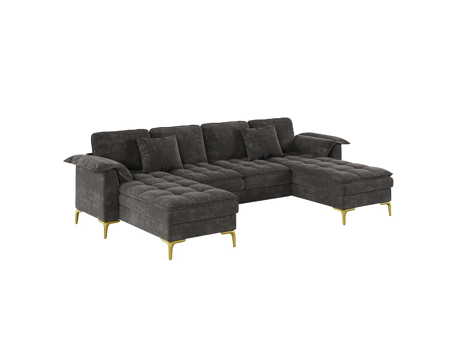 U-formad hörnsoffa - 4 platser - med 2 chaise longues - 2 kuddar - ben i guldmetall - grå