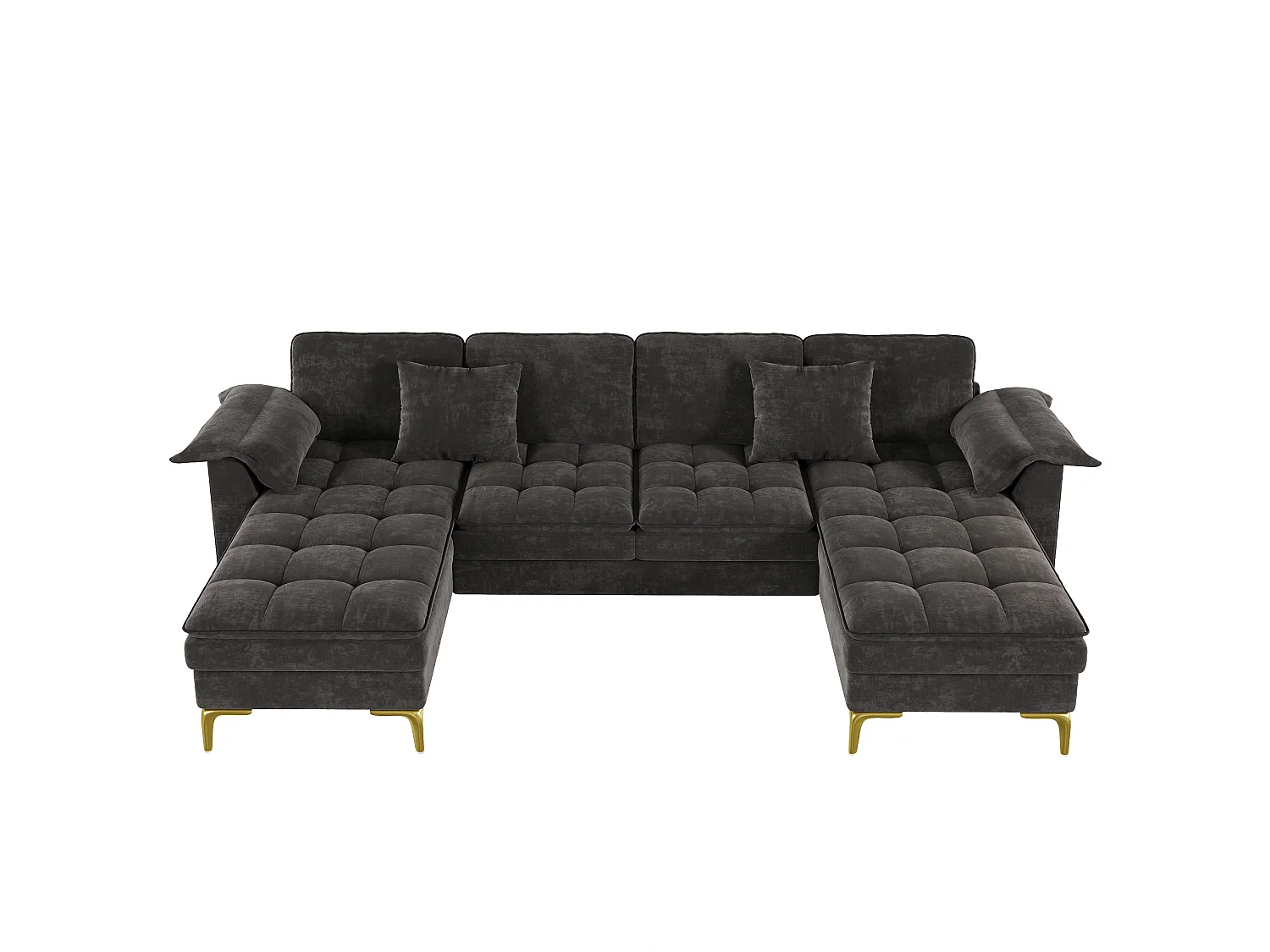 U-formad hörnsoffa - 4 platser - med 2 chaise longues - 2 kuddar - ben i guldmetall - grå