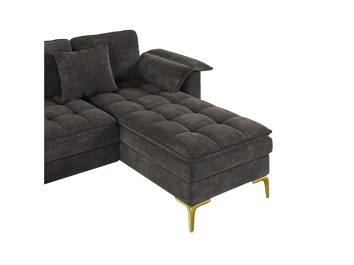 U-formad hörnsoffa - 4 platser - med 2 chaise longues - 2 kuddar - ben i guldmetall - grå