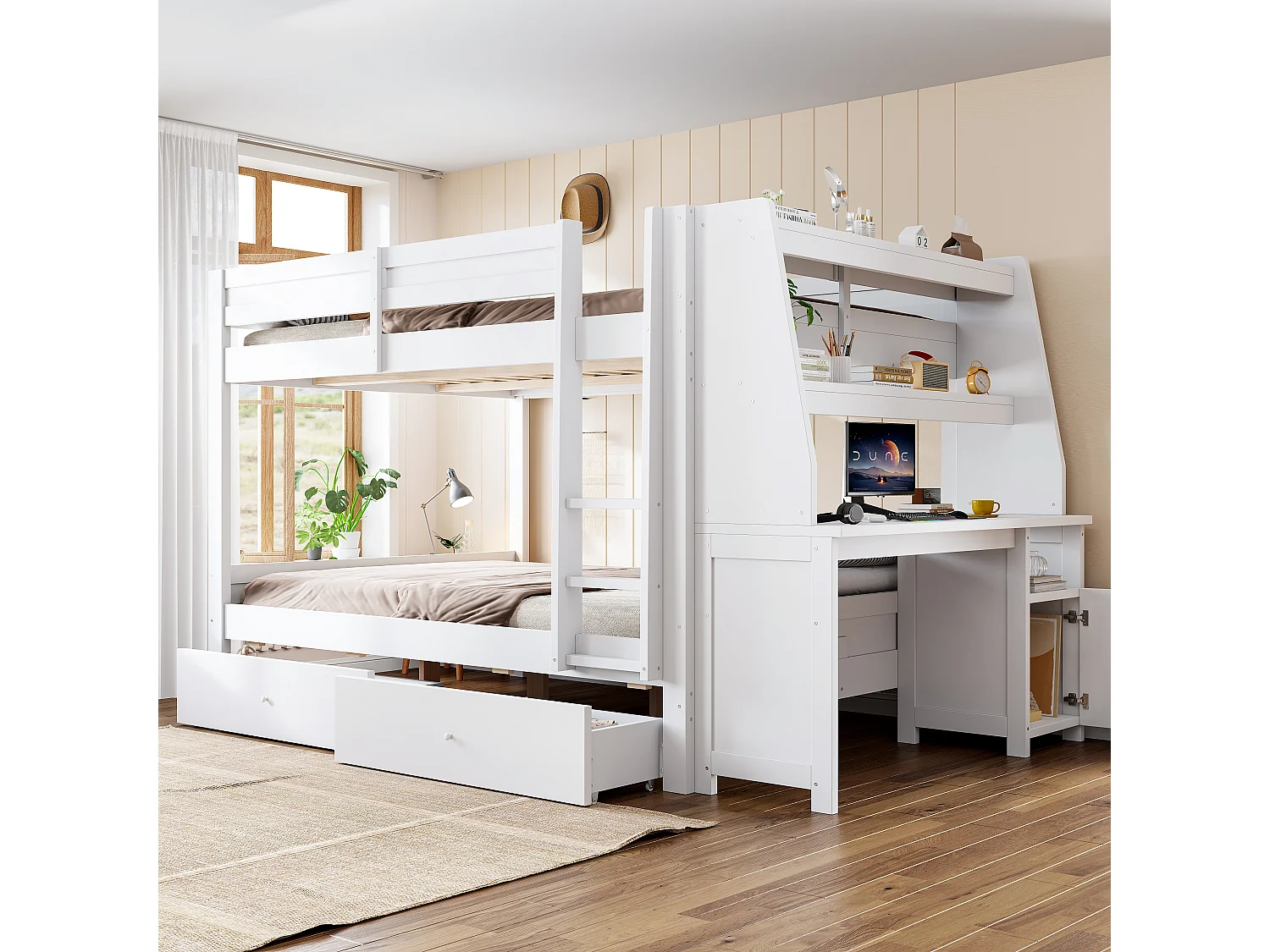 Lit superposé 140 x 200 cm - avec rangements - comprenant un bureau et des étagères - avec 2 tiroirs - blanc (matelas non inclus)