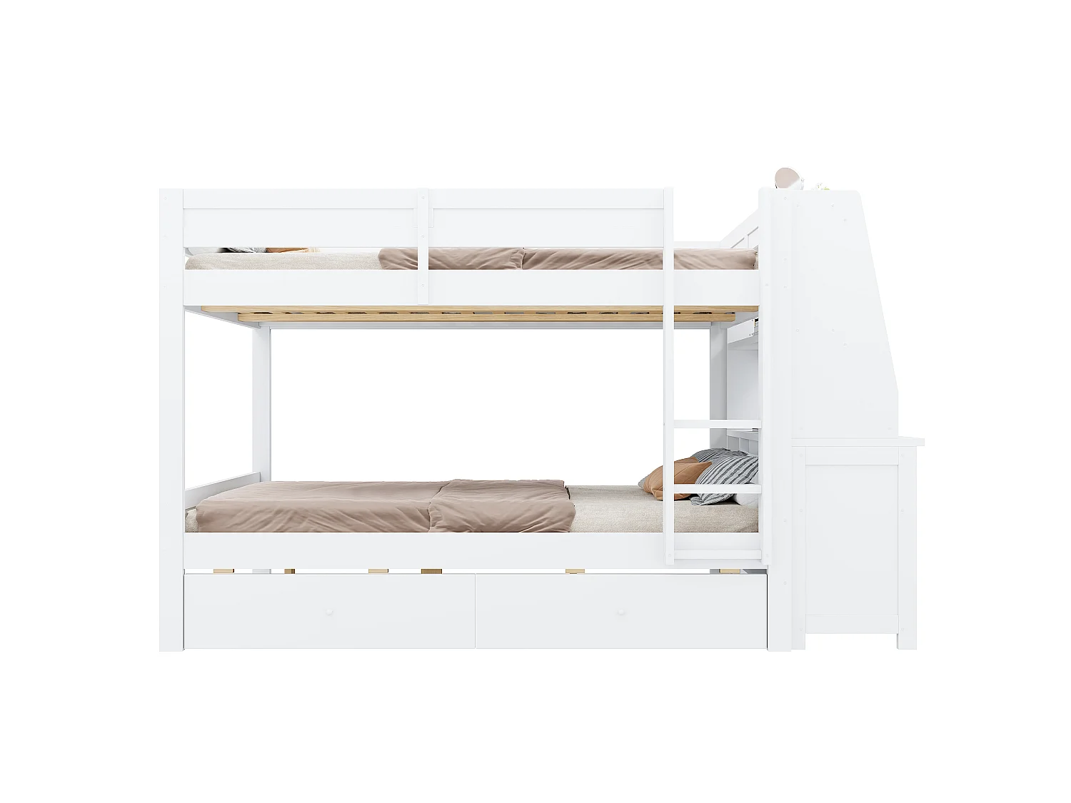 Lit superposé 140 x 200 cm - avec rangements - comprenant un bureau et des étagères - avec 2 tiroirs - blanc (matelas non inclus)