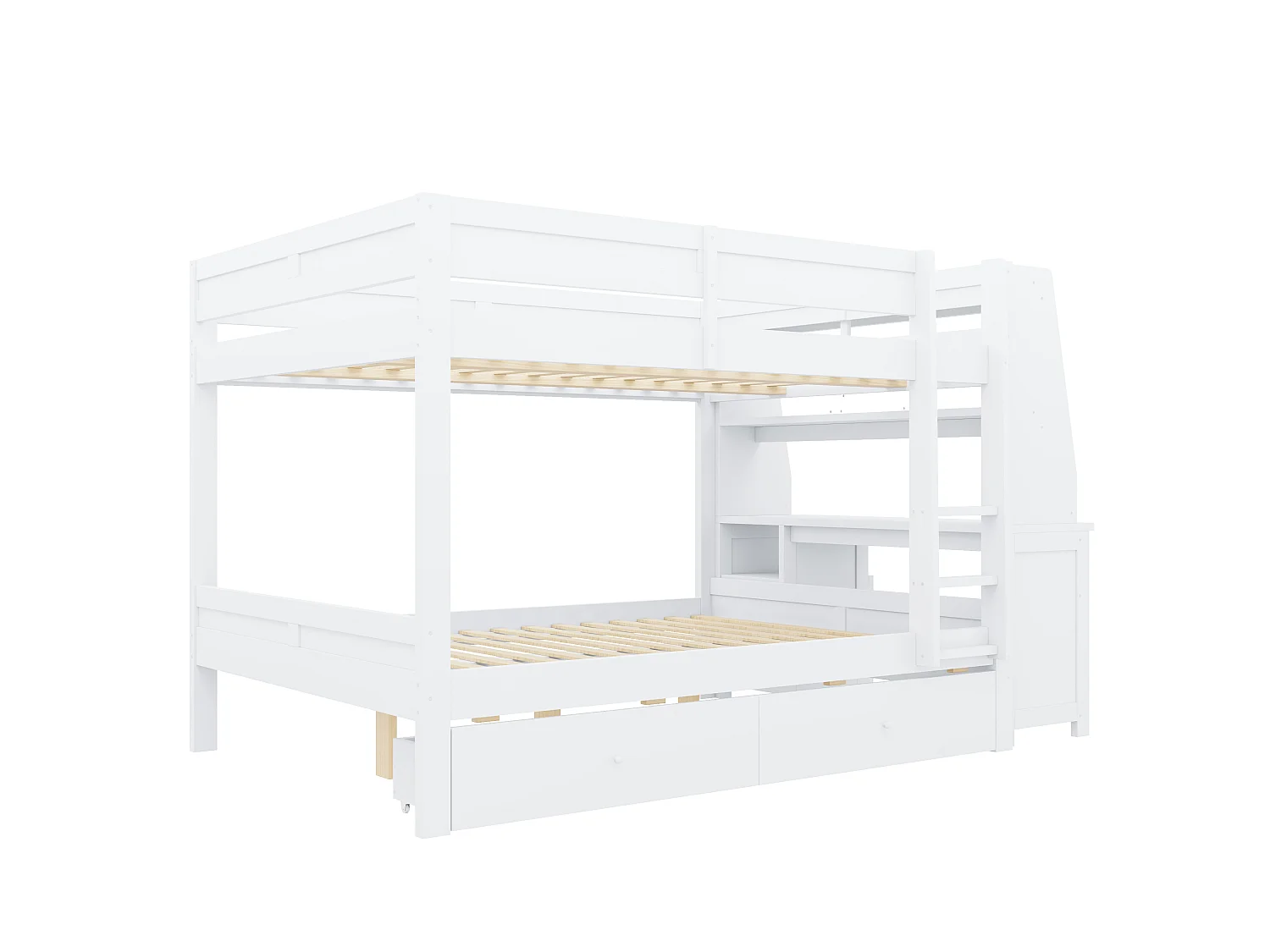 Lit superposé 140 x 200 cm - avec rangements - comprenant un bureau et des étagères - avec 2 tiroirs - blanc (matelas non inclus)
