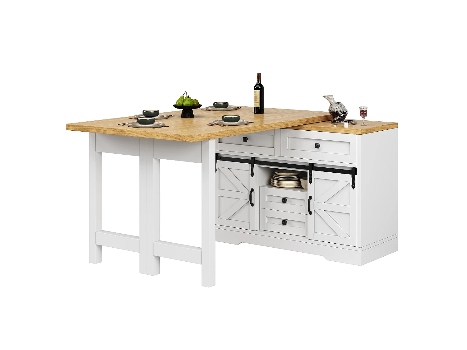 Isla Central Cocina 120-197cm - Mesa de Comedor Giratoria 360°, Puerta Corredera Estilo Granero, Almacenamiento, Diseño Rústico Moderno - Blanco