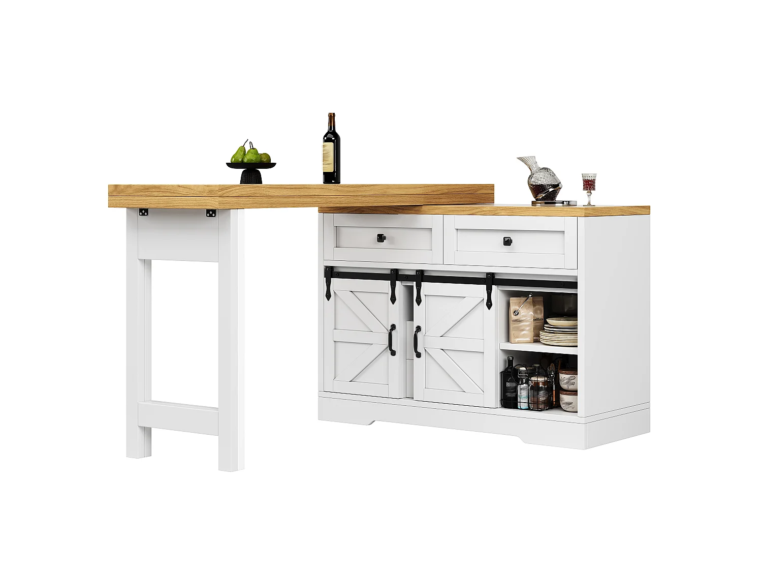Isla Central Cocina 120-197cm - Mesa de Comedor Giratoria 360°, Puerta Corredera Estilo Granero, Almacenamiento, Diseño Rústico Moderno - Blanco