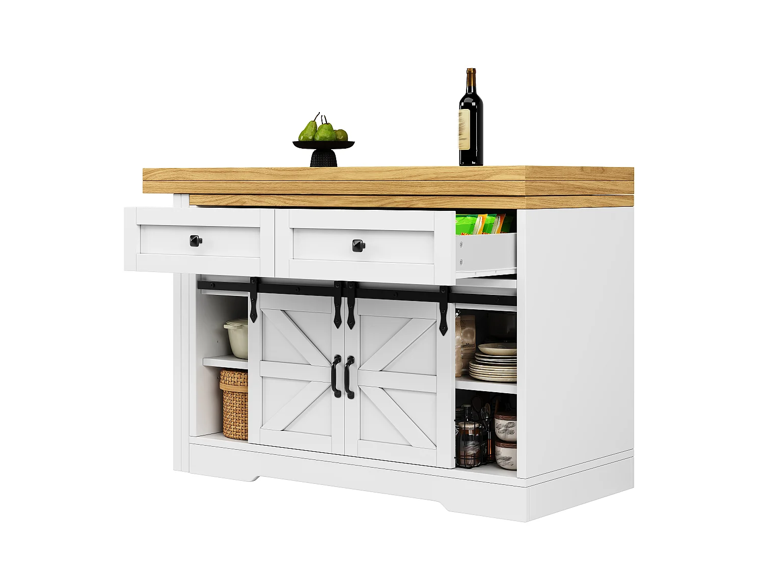 Isla Central Cocina 120-197cm - Mesa de Comedor Giratoria 360°, Puerta Corredera Estilo Granero, Almacenamiento, Diseño Rústico Moderno - Blanco