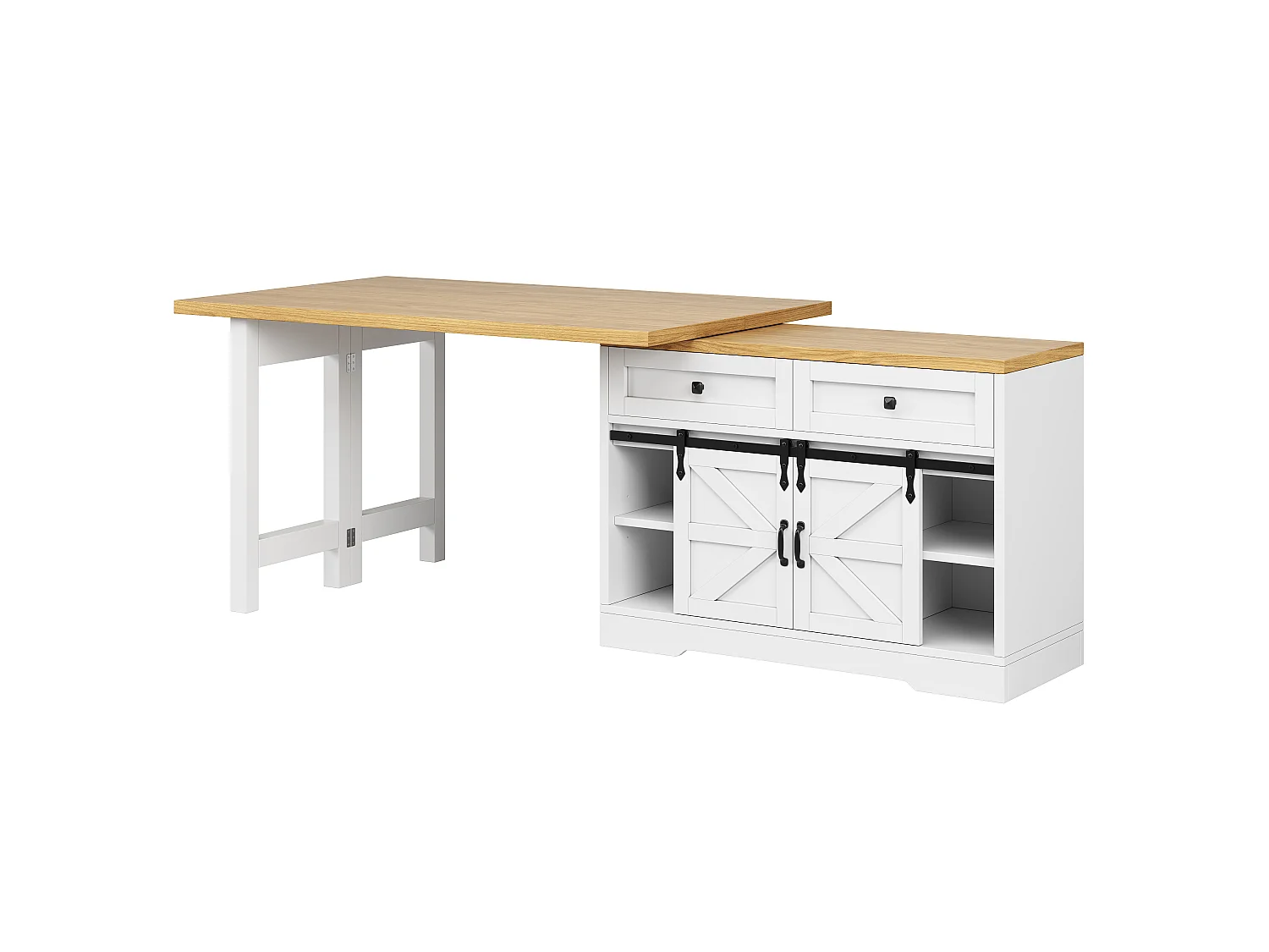 Isla Central Cocina 120-197cm - Mesa de Comedor Giratoria 360°, Puerta Corredera Estilo Granero, Almacenamiento, Diseño Rústico Moderno - Blanco