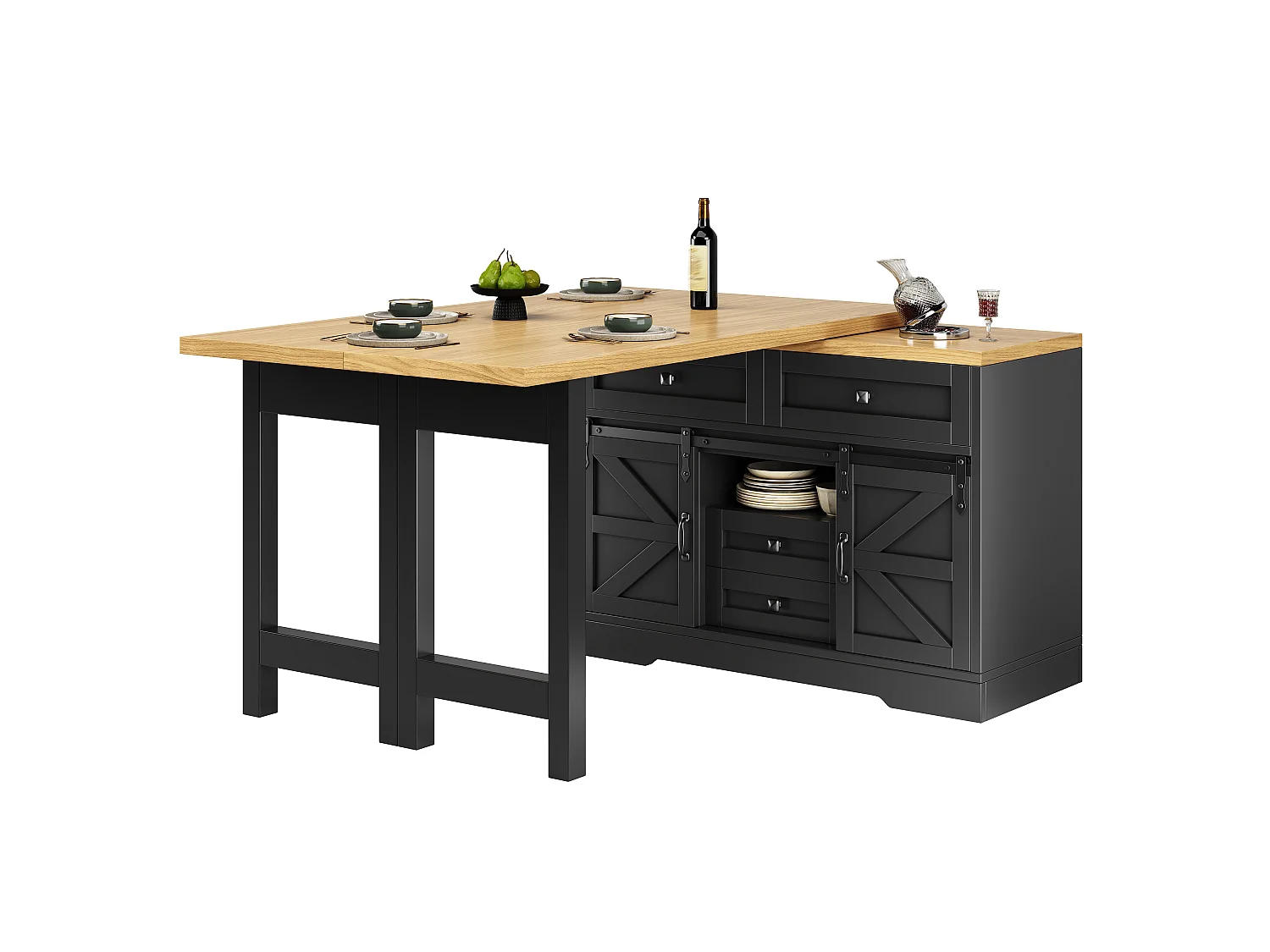 Ilha Central de Cozinha 120-197cm - Mesa de Jantar Giratória 360°, Porta Corrediça Estilo Celeiro, Armazenamento, Design Rústico Moderno - Preto