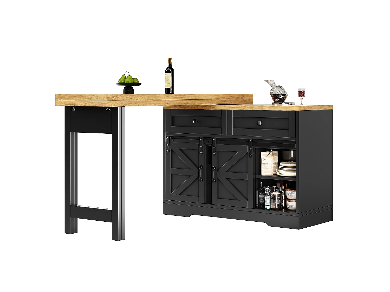 Ilha Central de Cozinha 120-197cm - Mesa de Jantar Giratória 360°, Porta Corrediça Estilo Celeiro, Armazenamento, Design Rústico Moderno - Preto