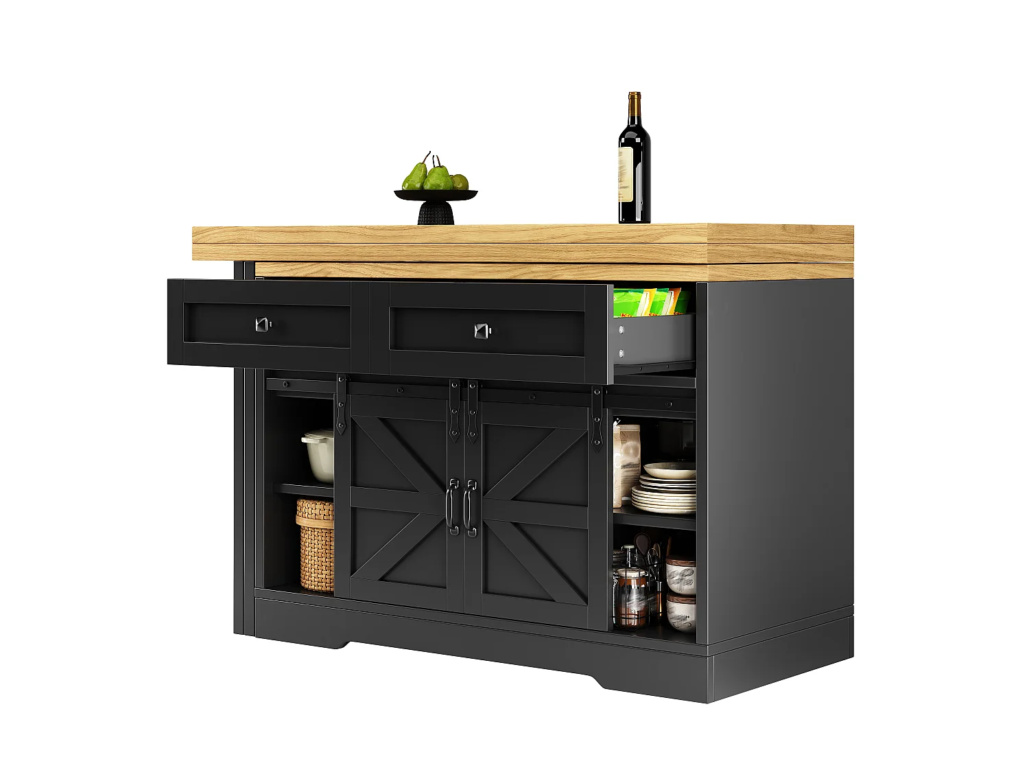 Ilha Central de Cozinha 120-197cm - Mesa de Jantar Giratória 360°, Porta Corrediça Estilo Celeiro, Armazenamento, Design Rústico Moderno - Preto