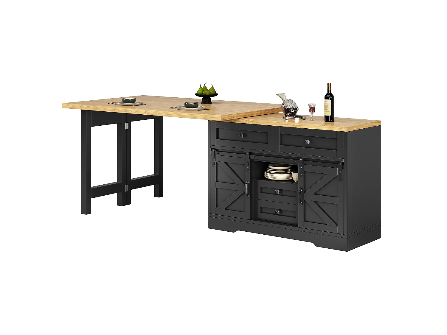Ilha Central de Cozinha 120-197cm - Mesa de Jantar Giratória 360°, Porta Corrediça Estilo Celeiro, Armazenamento, Design Rústico Moderno - Preto