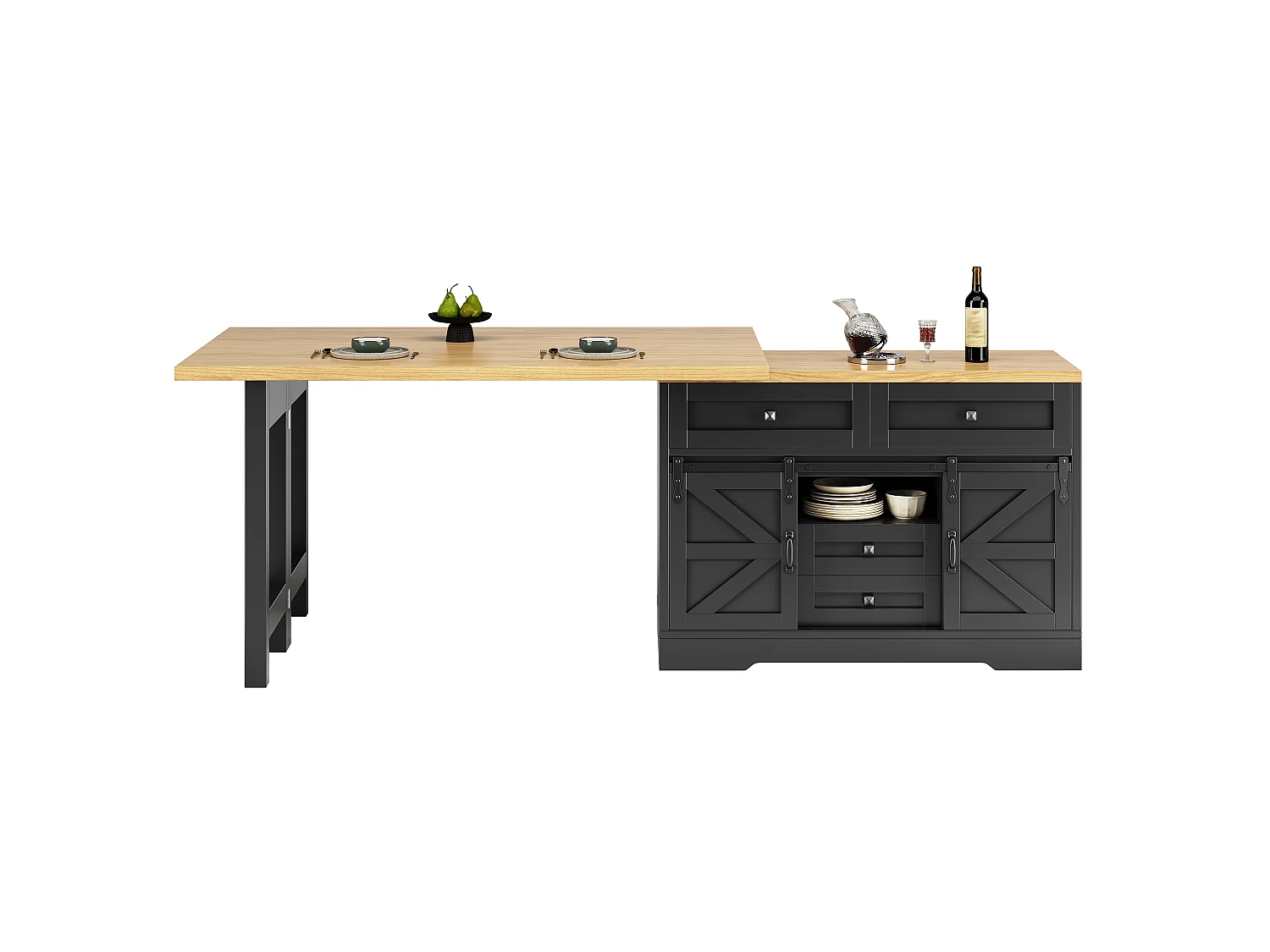 Ilha Central de Cozinha 120-197cm - Mesa de Jantar Giratória 360°, Porta Corrediça Estilo Celeiro, Armazenamento, Design Rústico Moderno - Preto