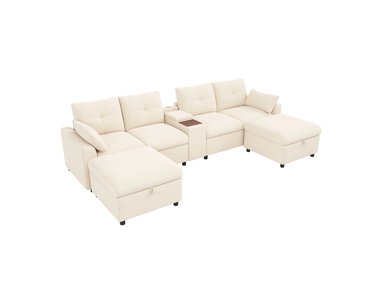 Hörnsoffa 6 platser i U/L-form - med 2 förvaringspuffar - hopfällbara förvaringsfack + utdragbara mugghållare - USB- och Type-C-portar - beige