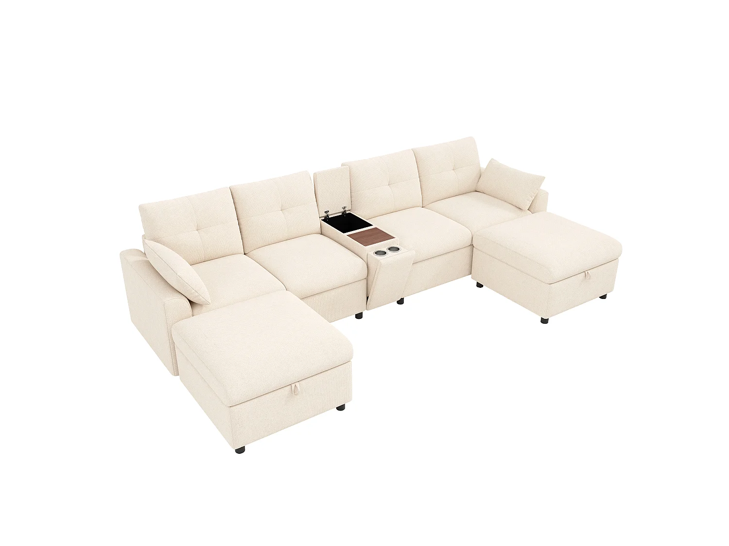 Hörnsoffa 6 platser i U/L-form - med 2 förvaringspuffar - hopfällbara förvaringsfack + utdragbara mugghållare - USB- och Type-C-portar - beige