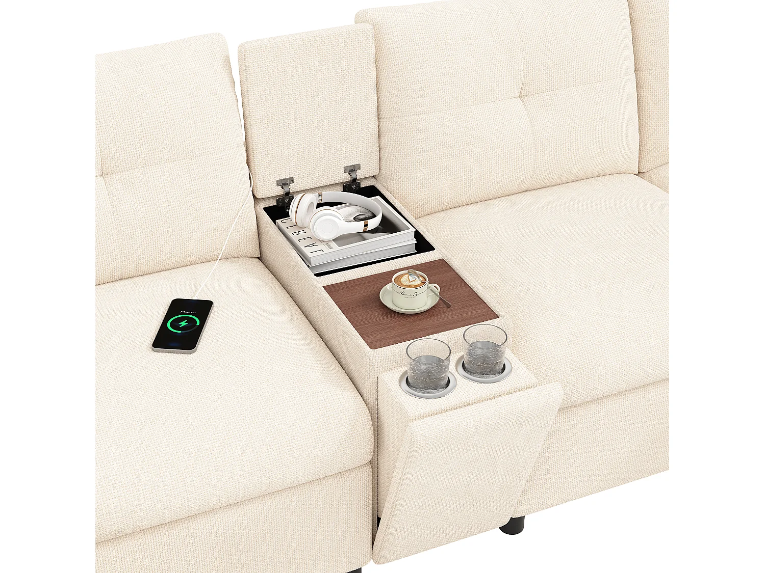 Hörnsoffa 6 platser i U/L-form - med 2 förvaringspuffar - hopfällbara förvaringsfack + utdragbara mugghållare - USB- och Type-C-portar - beige