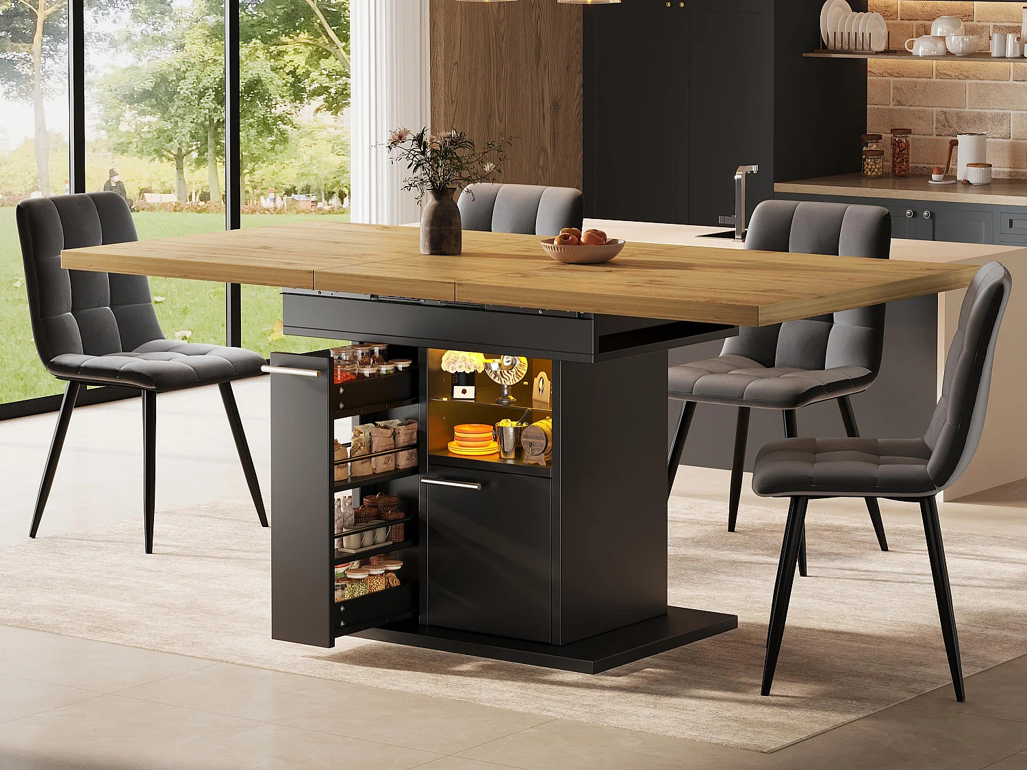 Table à Manger Extensible 110-140cm - Table avec Rangement, Éclairage LED, Étagères en Verre, Design Gain de Place, MDF - Moderne