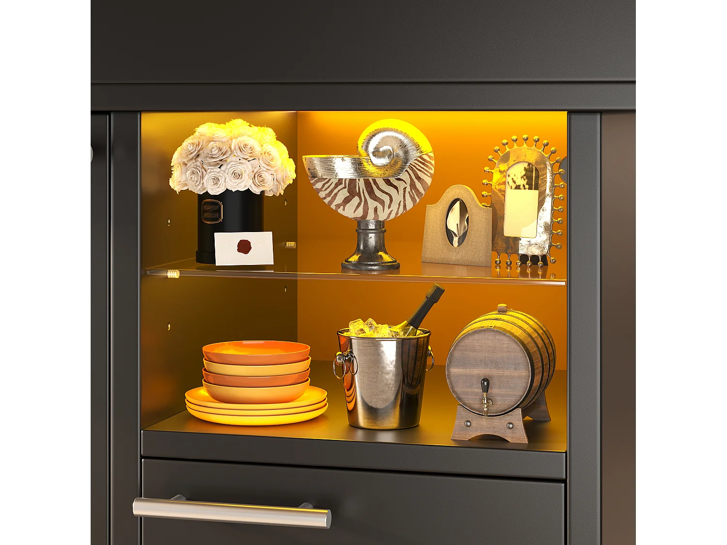 Table à Manger Extensible 110-140cm - Table avec Rangement, Éclairage LED, Étagères en Verre, Design Gain de Place, MDF - Moderne