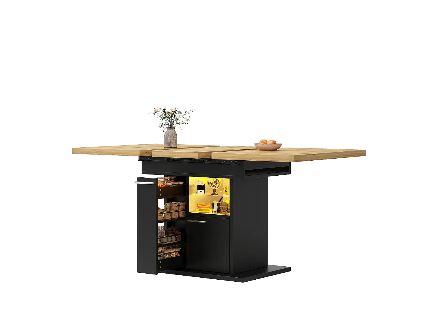 Table à Manger Extensible 110-140cm - Table avec Rangement, Éclairage LED, Étagères en Verre, Design Gain de Place, MDF - Moderne