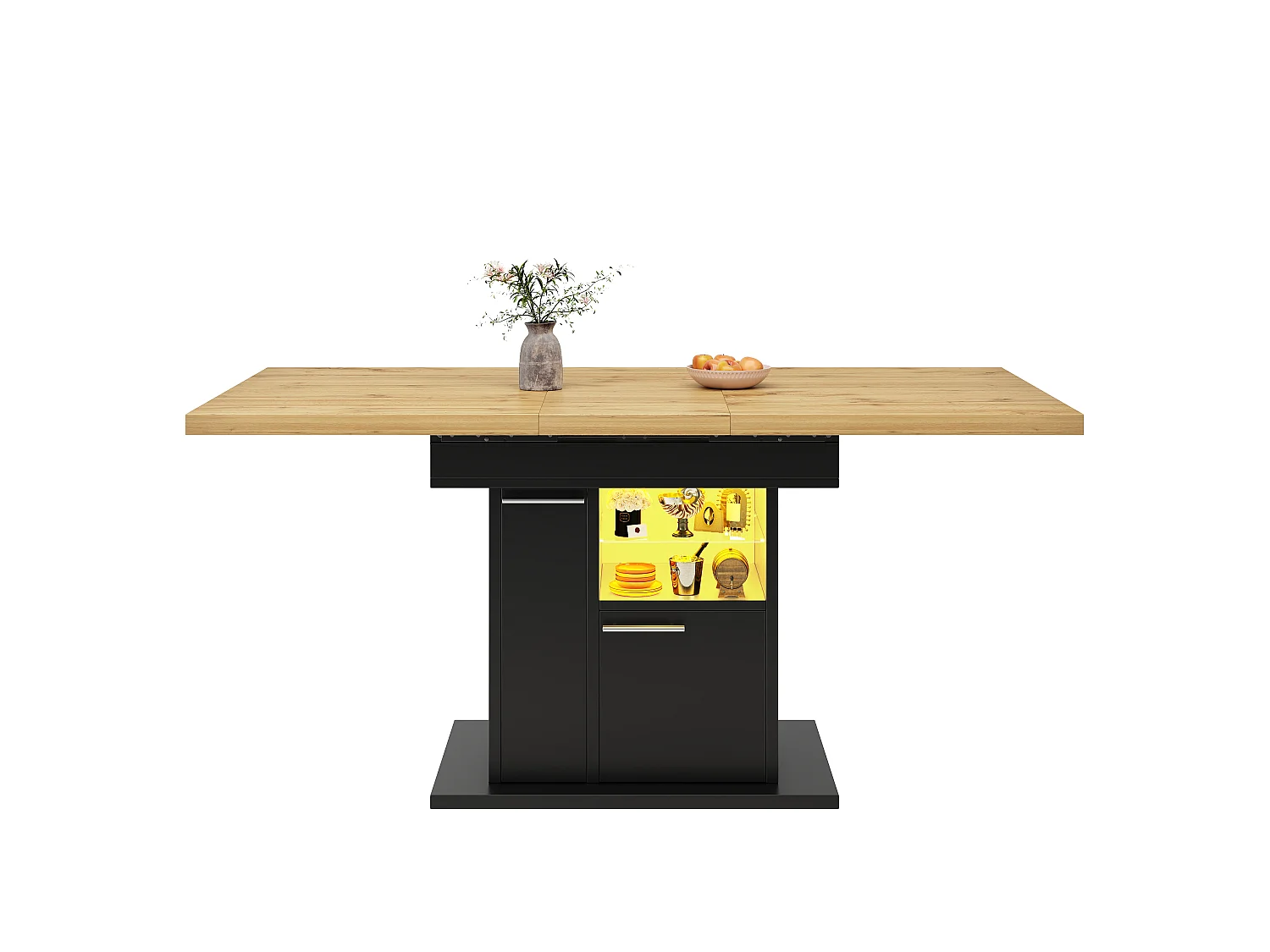 Table à Manger Extensible 110-140cm - Table avec Rangement, Éclairage LED, Étagères en Verre, Design Gain de Place, MDF - Moderne