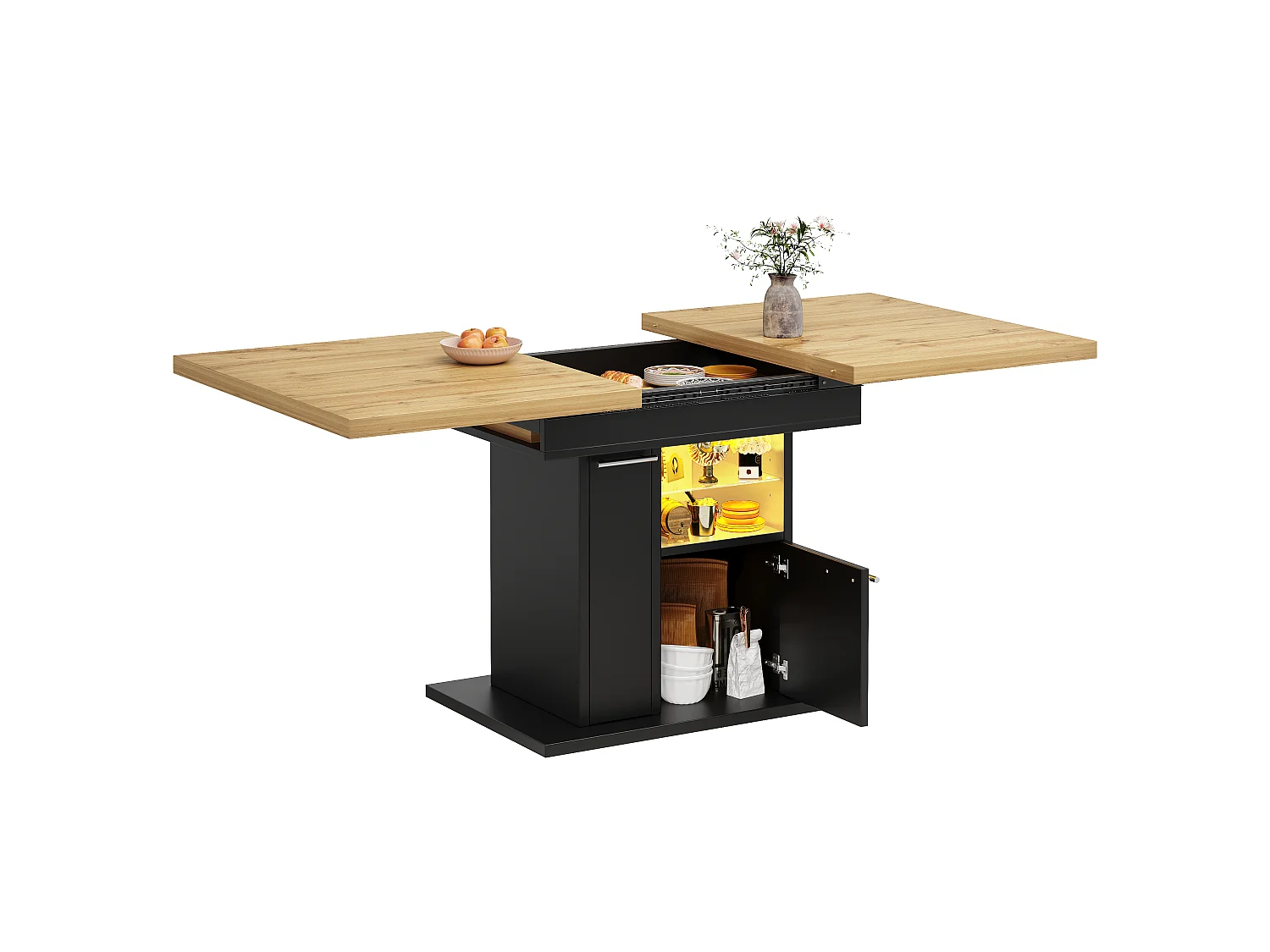 Table à Manger Extensible 110-140cm - Table avec Rangement, Éclairage LED, Étagères en Verre, Design Gain de Place, MDF - Moderne