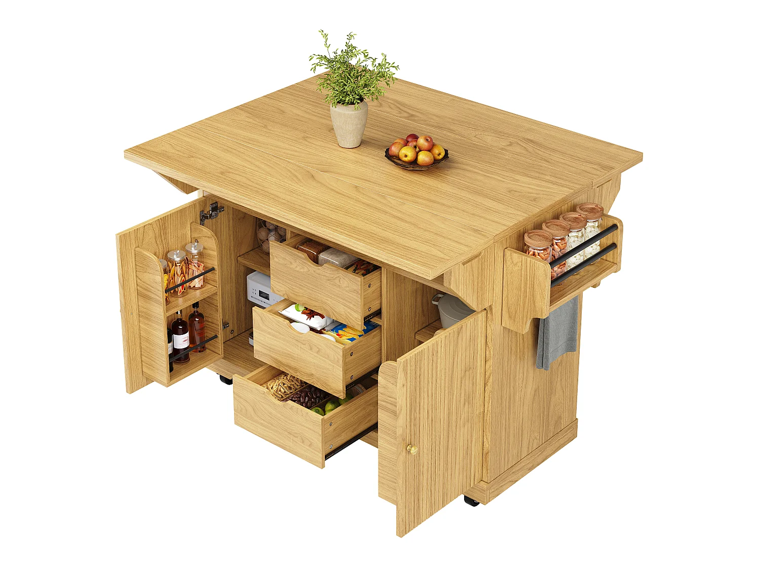 Mobile Kitchen Cart 142.5cm - Central Island with Foldable Extensions, Ergonomic Height 95cm, Integrated Storage - Natural