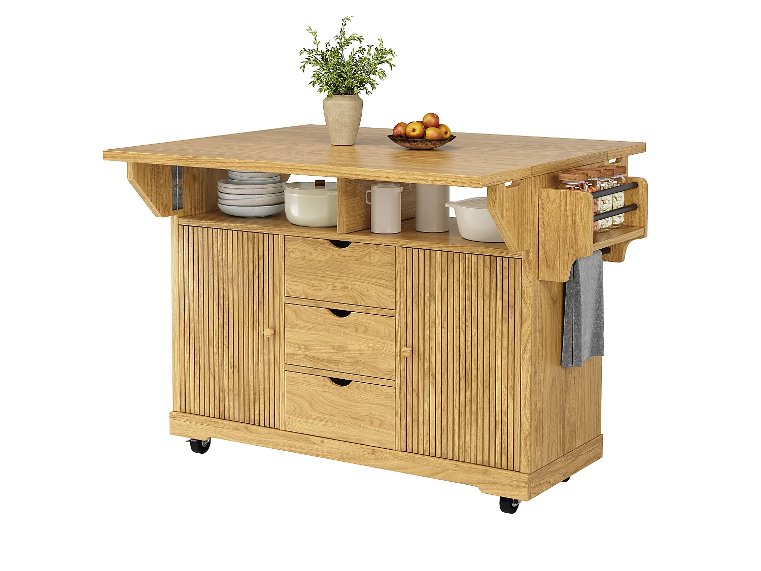Mobile Kitchen Cart 142.5cm - Central Island with Foldable Extensions, Ergonomic Height 95cm, Integrated Storage - Natural