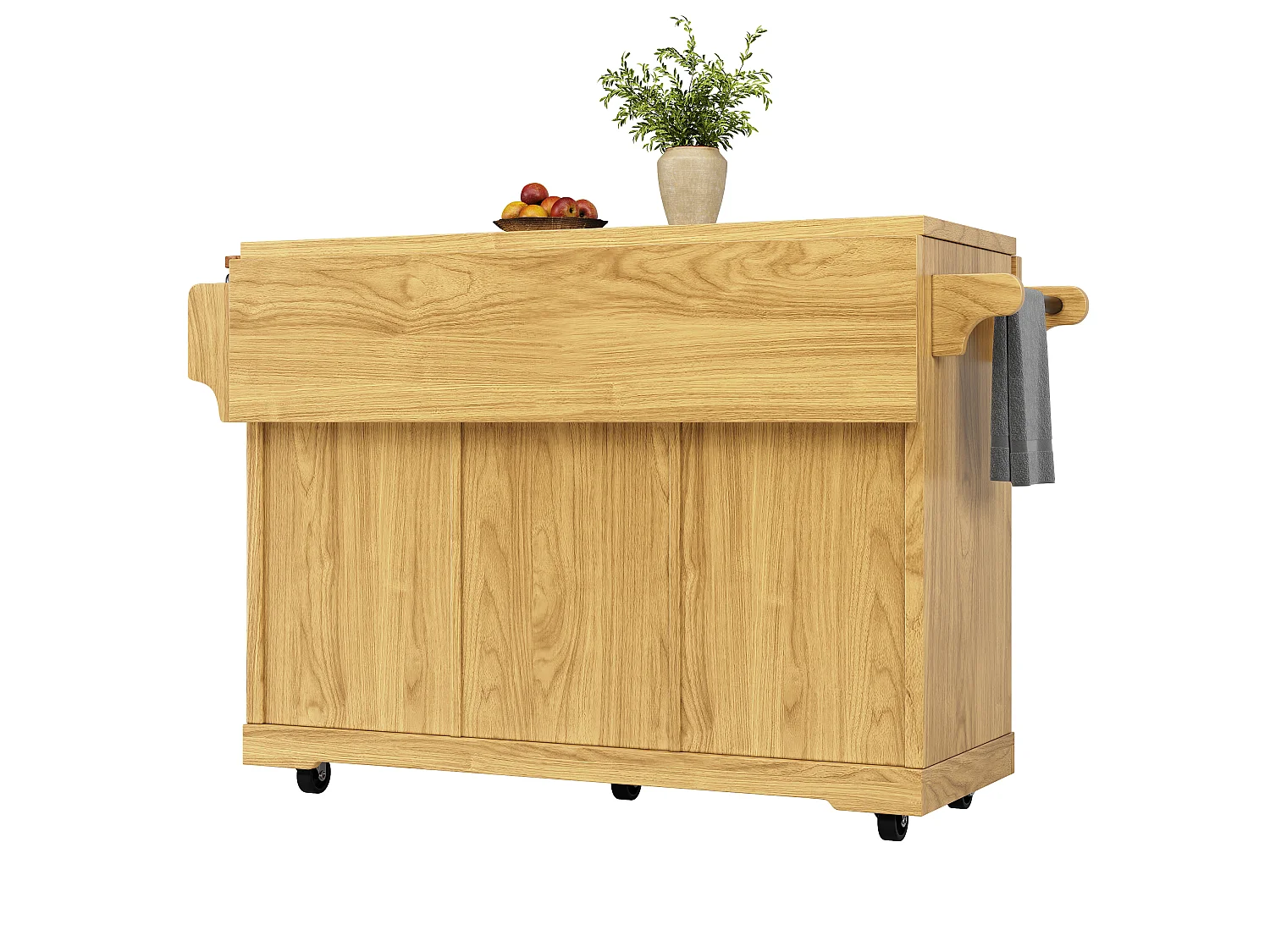 Mobile Kitchen Cart 142.5cm - Central Island with Foldable Extensions, Ergonomic Height 95cm, Integrated Storage - Natural