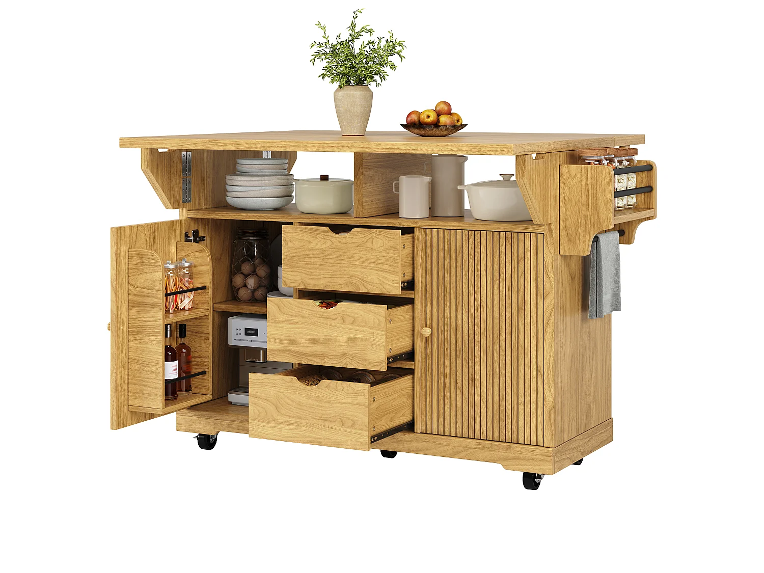 Mobile Kitchen Cart 142.5cm - Central Island with Foldable Extensions, Ergonomic Height 95cm, Integrated Storage - Natural