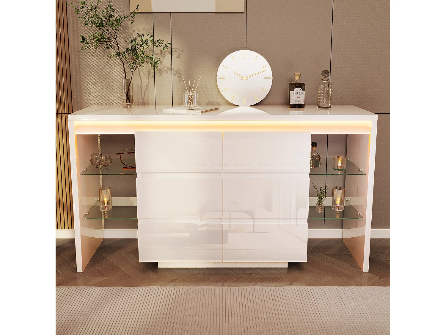 Buffet moderne 155x40x80 cm - avec éclairage LED - avec 6 tiroirs - 4 étagères en verre - surface très brillante - blanc