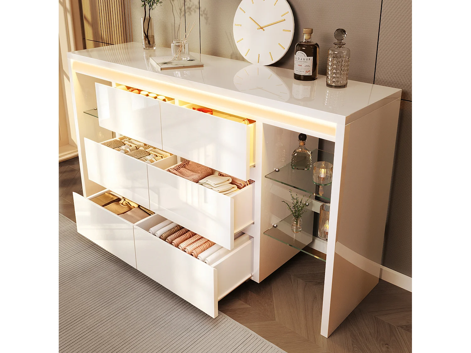 Buffet moderne 155x40x80 cm - avec éclairage LED - avec 6 tiroirs - 4 étagères en verre - surface très brillante - blanc
