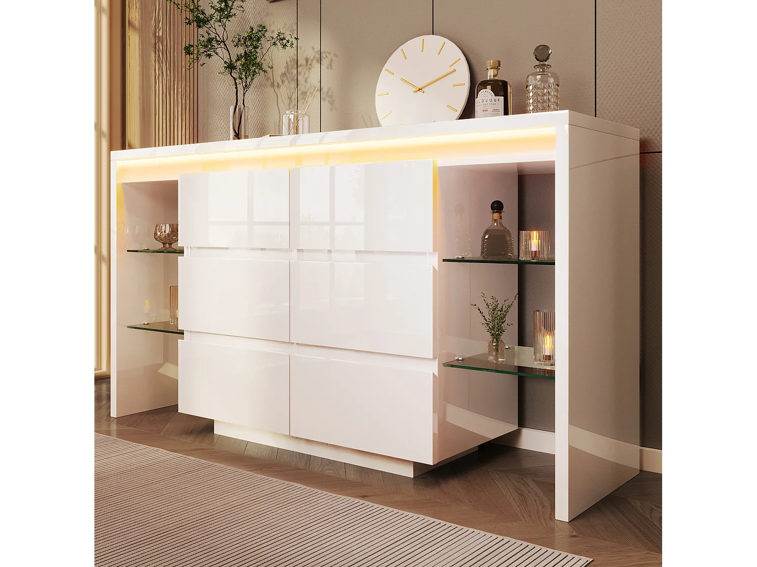 Buffet moderne 155x40x80 cm - avec éclairage LED - avec 6 tiroirs - 4 étagères en verre - surface très brillante - blanc